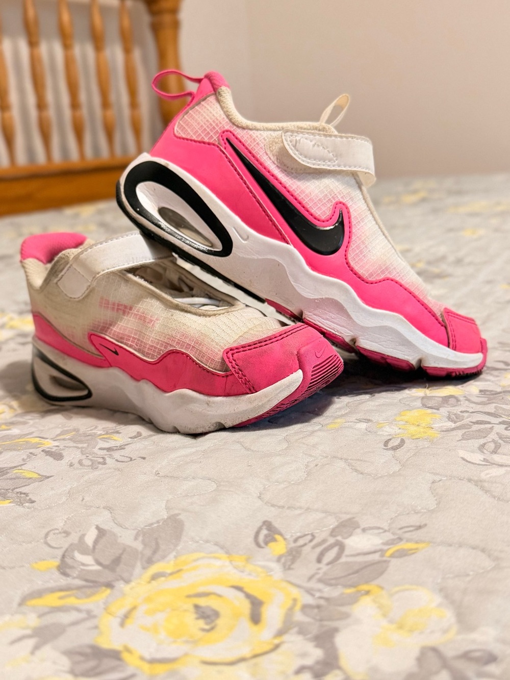 Nike Kids Pink and White Velcro Sneakers with Black Swoosh